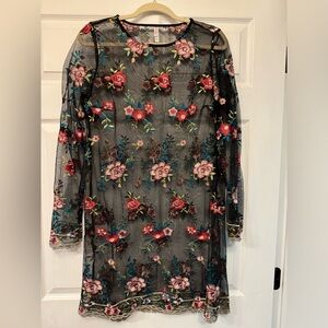 Exhilaration black sheer floral embroidered dress M